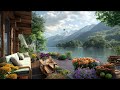 Lakeside cafe in spring with jazz relaxing music | Morning jazz to study and work efficiency