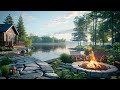 Sitting by the Lake with Cozy Crackling Fire Pit and Nature Ambience for Relax, Study and Sleep
