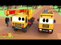 Construction vehicles build Garbage station—dump truck, bulldozer and excavator for kids.