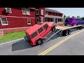 Double Flatbed Trailer Truck vs Speedbumps - Train vs Cars - BeamNG.Drive #2