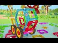 Hop Hop plays with toys for kids. The toy train, toy garage and magnets. Funny cartoons for babies.