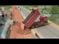 Wonderful RED Dump Trucks Unloading Stone & DOZER, WHEEL LOADER Pushing Building Foundation Road