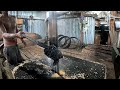 #woodworking , production of splitting large pine wood into slabs