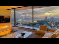 Elegant Relaxation And Quiet - Cozy Living Room With Jazz And Sunset Beauty 🌅