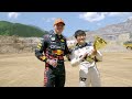 F1 Drivers Race HUGE Mega Trucks! (Max Verstappen vs Yuki Tsunoda)