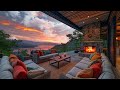 Soothing Jazz Music with Balcony Sunset ☕ Warm Fireplace Sounds for Relaxation, Stress Relief