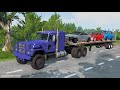 Flatbed Transport Truck Rescue Stuck Cars - Cars vs Rails and Deep Water - BeamNG.drive