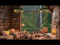 Cozy Cabin Coffee Shop with Waterfall View - Summer Jazz Music Piano For Relax, Work and Study