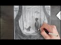 How to draw a picture of a boy and his dog in a scary forest