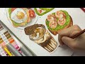 draw with me, food and iced latte illustrations🥪🍓using alcohol-based markers and colored pencils˚✧