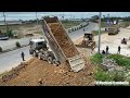 Opening New Project Filling Land With New Driver Komatsu Dozer D60P Pushing & Truck Unloading Stone