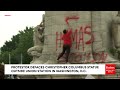 SHOCK MOMENT: Pro-Palestinian Protestor Defaces Christopher Columbus Statue With Pro-Hamas Message