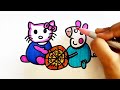 hello kitty and George pig pizza party drawing and coloring for kids and toddlers || easy drawing
