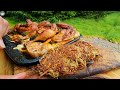 The juiciest CHICKEN ever, cooked in our outdoor HUT (ASMR, CAMPING. CHICKEN RECIPE)