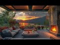 Warm Balcony Spring Sunset with Smooth Jazz Music ☕ Fireplace Sounds for Relaxation, Deep Sleep
