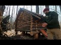 1 month survive  in bushcraft log cabin, ice river and cold night