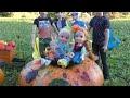 Fall 2023 ! Elsa & Anna toddlers play outdoors - Barbie dolls - acorns - pumpkin challenge