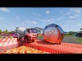 Double Flatbed Trailer Truck vs speed bumps|Busses vs speed bumps|Beamng Drive|015