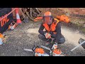 Electric Vs 50cc Petrol Chainsaw race!  Professional Stihl saws go head to head. MS261 Vs MSA 300.