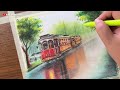 Rainy Day Tram Scenery Painting - Oil Pastel Tutorial - Step by Step