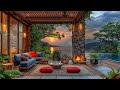 Cozy Coffee Porch Ambience ☕ Beautiful Sunset with Relaxing Jazz Music - Warm Fireplace Sounds
