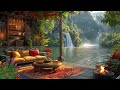 Cool Summer 4K - Peaceful with Waterfall Sounds & Birdsong Relaxing🌷Ambience by the Terrace Lakeside