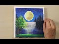 Moonlight Waterfalls Landscape | Acrylic Painting for Beginners  | Easy Painting Tutorial
