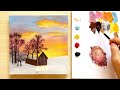 How to paint a winter sunset step by step? ❄️🛖