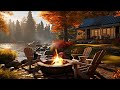 Autumn Serenity: Cabin Lakeside Retreat - Peaceful Guitar & Piano Melodies, Crackling Fire pit