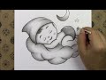 Bulutların Üzerinde Uyuyan Sevimli Bebek Resmi Nasıl Çizilir, Kolay Karakalem Çizim Fikirleri