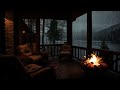 Cozy Rain on Porch with Crackling Fireplace and Piano Music,  Gentle Rain Sounds to Relaxing