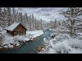 Winter Serenity: Cozy Log Cabin by the River with Soft Piano Music Ambiance