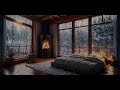 Snowy Winter Cabin Ambience | Relaxing Fireplace | Soft Rain on Window