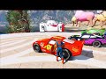 GTA V - FNAF and POPPY PLAYTIME CHAPTER 3 in epic new stunt race for MCQUEEN CARS by trevor