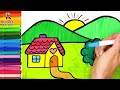 Dibuja y Colorea Un Paisaje Muy Fácil 🏠🌳🌄🌈 Dibujos Para Niños