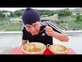 young summer radish kimchi bibimbap mukbang by boiling savory cheonggukjang (Korean bean paste soup)