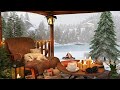 Winter Cozy Gazebo by Frozen Lake with Snow Falling and Campfire Sounds for Relaxation