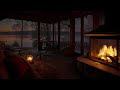 Fall Asleep in Cozy Cabin with Fireplace Burnings and The Heavy Rain Falling