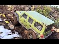 RC Trail Crawling. Axial Scx6 Jeep crawling a steep and greasy double black diamond MTB trail