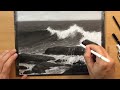 Seascape Drawing in Black and White Charcoal