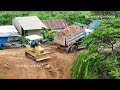 Amazing Activity Dump Truck Unloading Dirt At Deep Slop And Bulldozer Working Moving Dirt To Slop