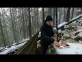 Bushcraft Winter Solo Overnight | Canvas Poncho Shelter |  ASMR - Camping in the forest