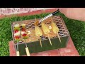 Miniature grilled fish and veggies 🐟🫑🌽🍅🧅 mini food cooking grilling | minibuncafe