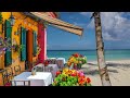 Outdoor Seaside Coffee Shop Ambience with Positive Bossa Nova Jazz Music & Crashing Waves for Relax