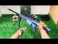 Unpacked special police weapon toy set, Barrett sniper rifle, Glock pistol, tactical helmet, bomb