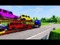 Double Flatbed Trailer Truck vs Speedbumps Train vs Cars | Tractor vs Train Beamng.Drive 01