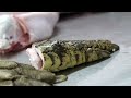Thai Food - GIANT CROCODILE CUTTING Crocodile Meat Kebabs Bangkok Thailand