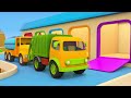 Crane trucks build a colorful tower with blocks. New episodes of Helper Cars cartoons for kids.