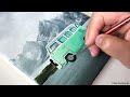 Lake Scenery with Mint Camper Car / Acrylic Painting