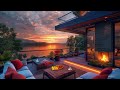 Warm Jazz Music with Fireplace Sounds ☕ Beautiful Sunset Spring in Cozy Balcony  for Sleep, Study